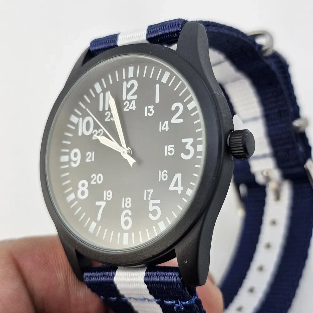 Men's Field Watch 42MM Black Case Black‎ Dial Blue White Canvas Band Straps